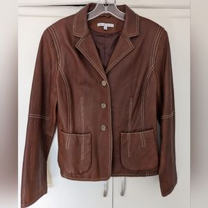 Cabi Three Button, Collared, Brown Leather Bomber Jacket with Contrast Stitching
